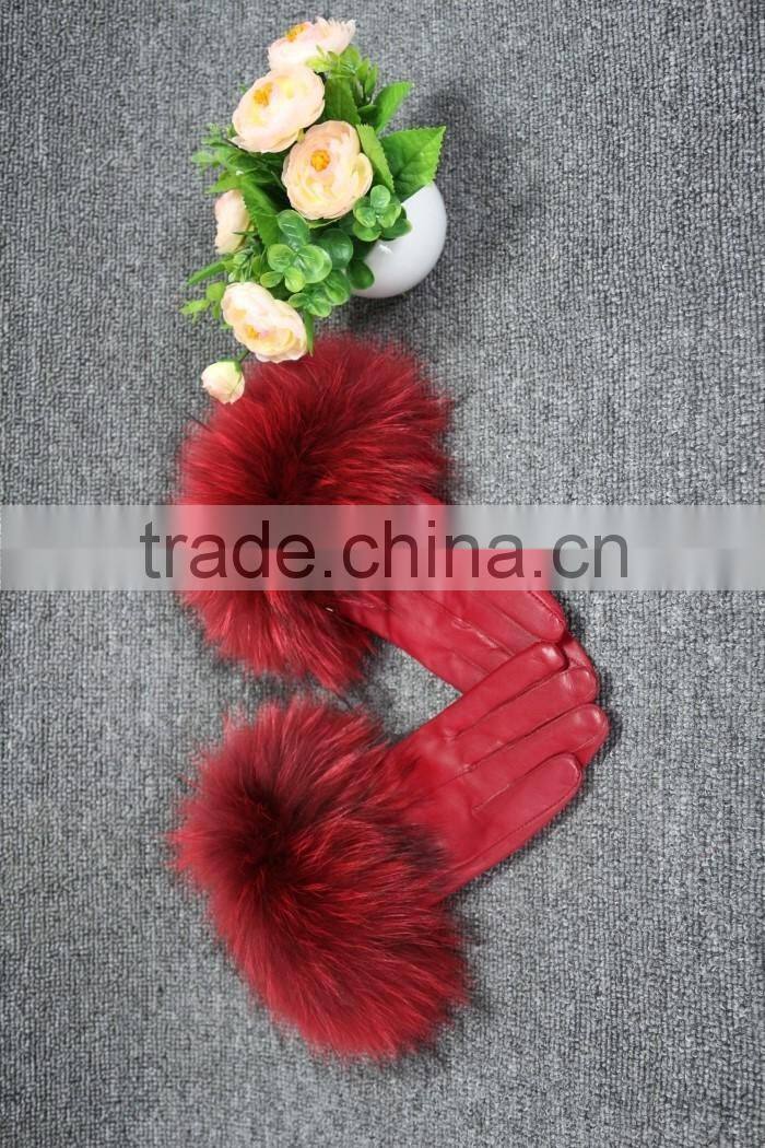 women classic elegant raccoom fur cuff trim sheep leather gloves