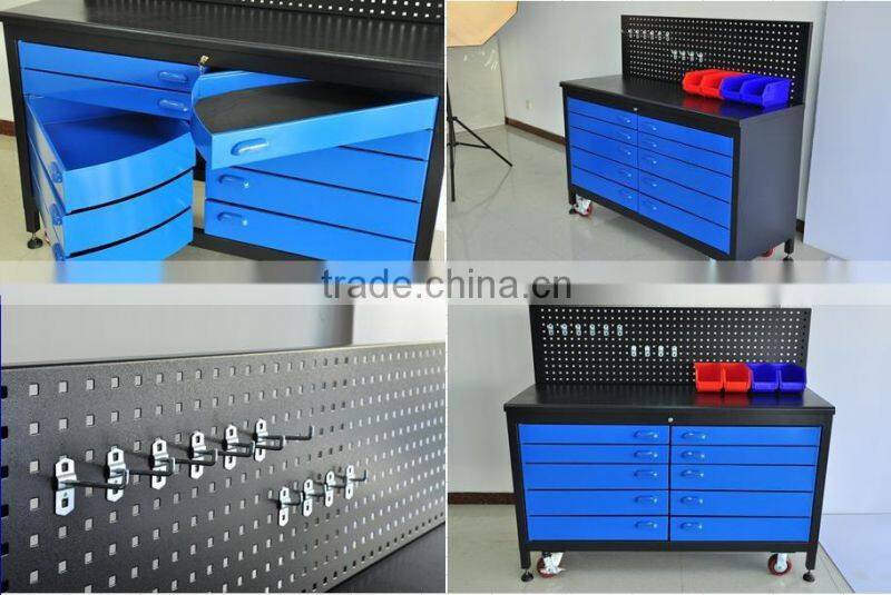 blue metal workstation with roller drawers