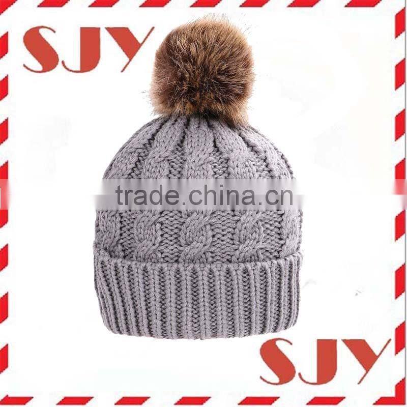 Women's Faux Fur Pom Pom Fleece Lined Knitted Slouchy Beanie Hat