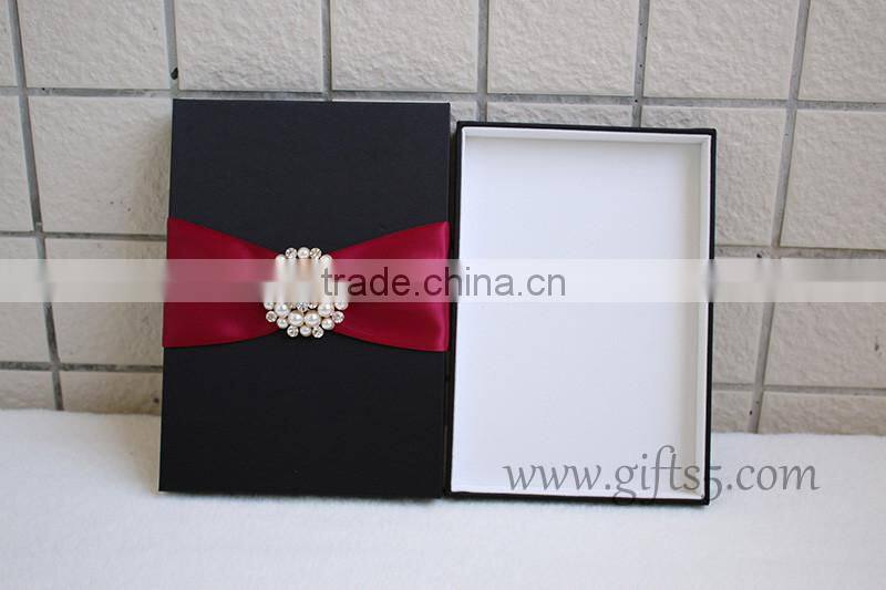 Black Color Silk Wedding Invitation Box With Crown Brooch Embellishment