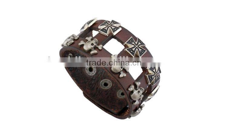 Cool Rock Leather Skull Bracelet Button Adjustable