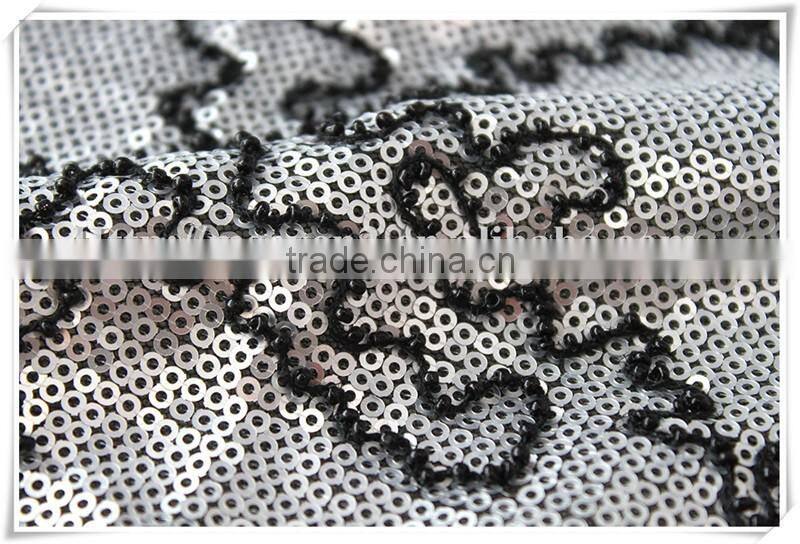 Wholesale newest silver sequin upholstery fabric with black beads for home textile