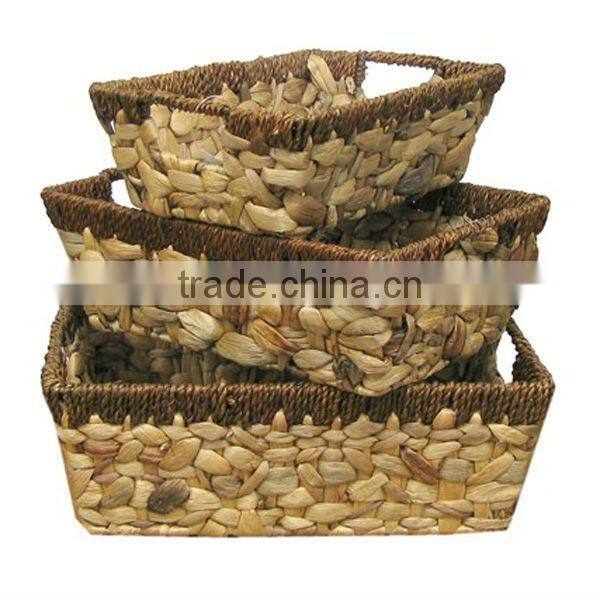 3pc water hyacinth storage basket with wood handle