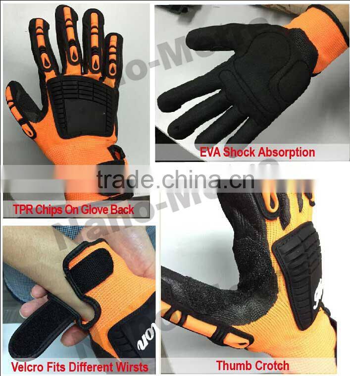 NMSAFETY 13 gauge orange nylon liner sandy nitrile glove with TPR on back mechanic gloves