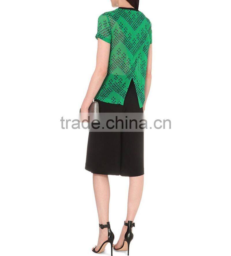 Wholesale Women Green Short Sleeves Round Neck Sheer Silk Top(DQE0092T)