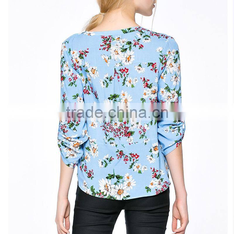 lady's new summer fashionable printed V neck design long sleeve models short sleeve blouse