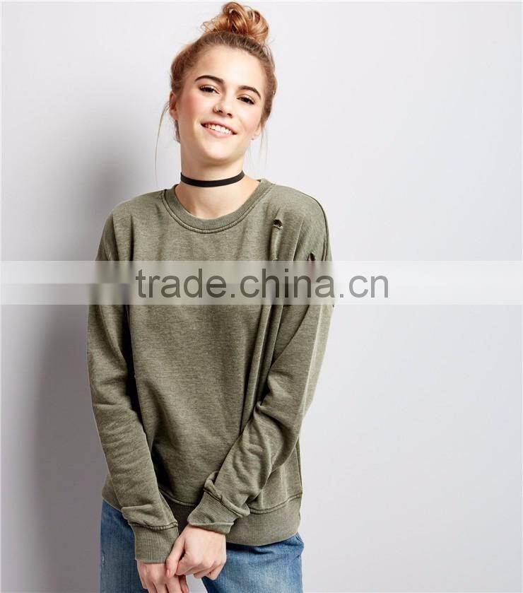 Plain Women Distressed Sweatshirt Olive Green Ripped Long Sleeve Sweater Oversized Blank Pullover