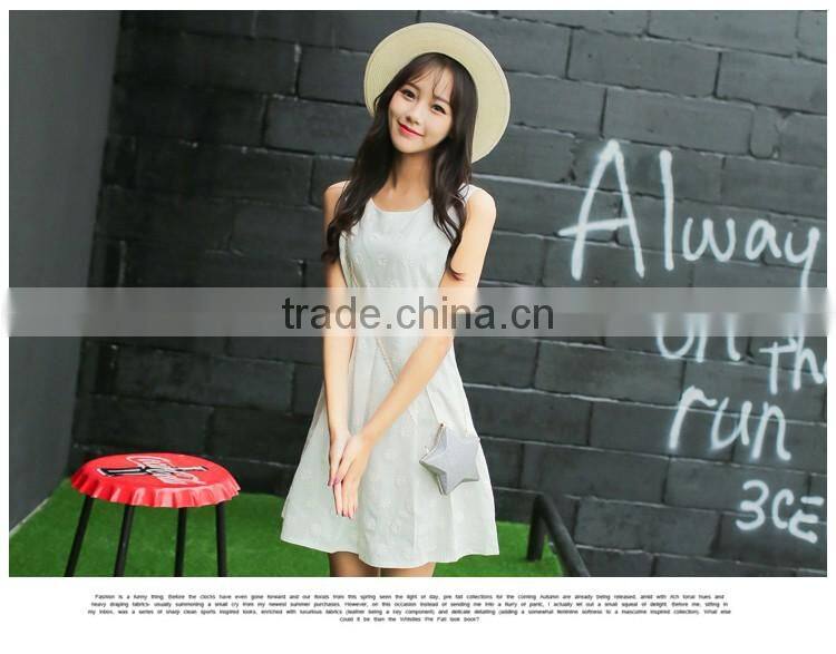 summer new design young lady dress fashion printed cotton linen A-LINE embroidered dress Sleeveless vest dress