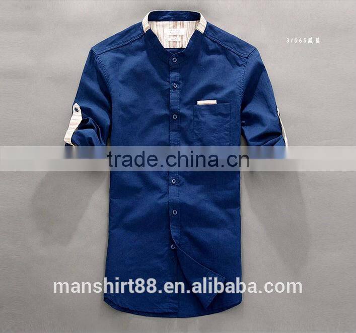 2016 new style roll up sleeve Mandarin collar linen cotton shirts for men