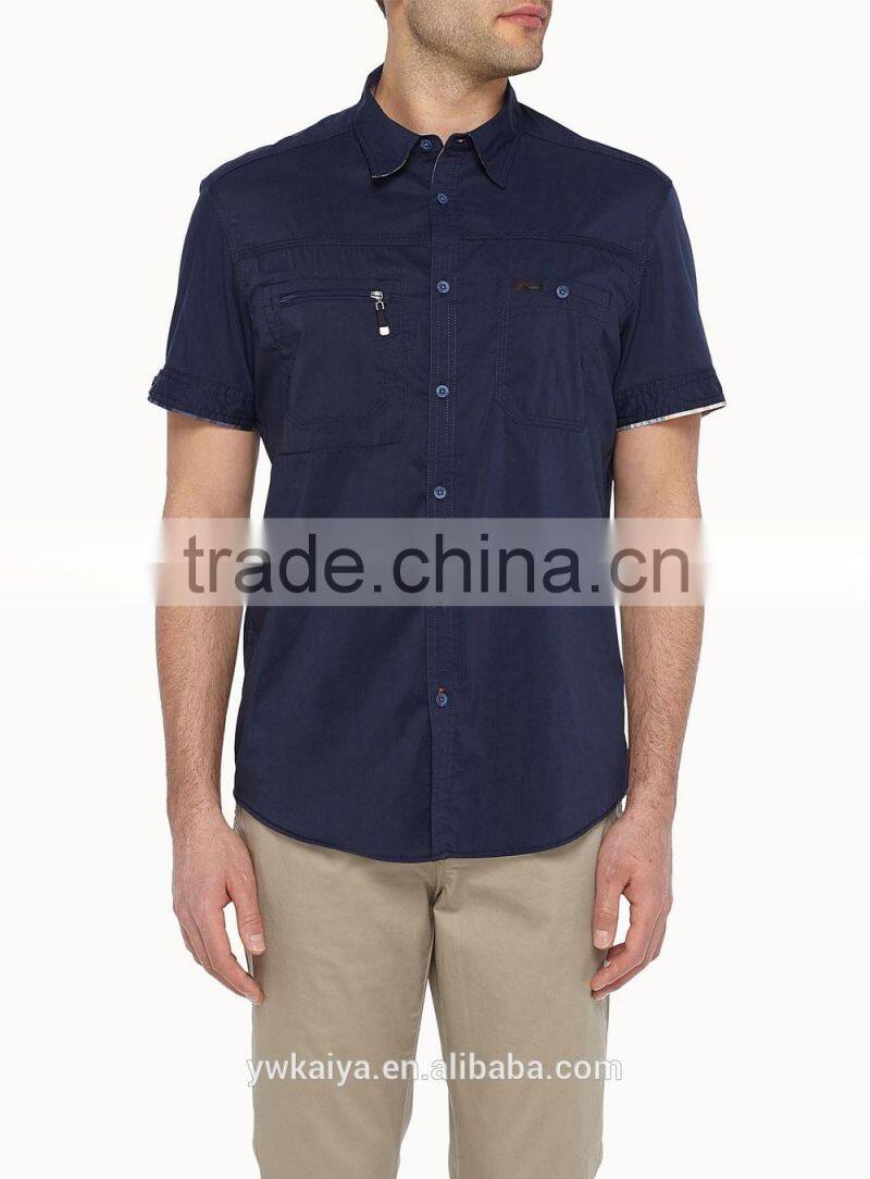 2015 casual men short shirts 100% cotton with two pocket