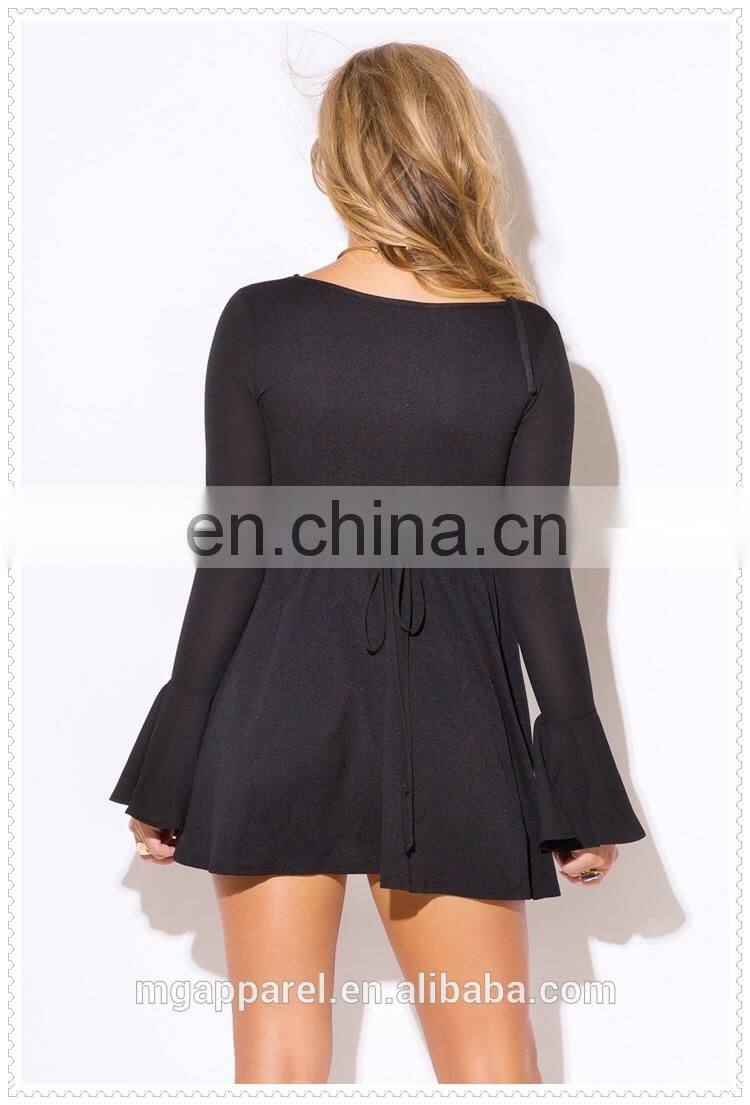Black ruffle V neck party dress with long bell sleeve
