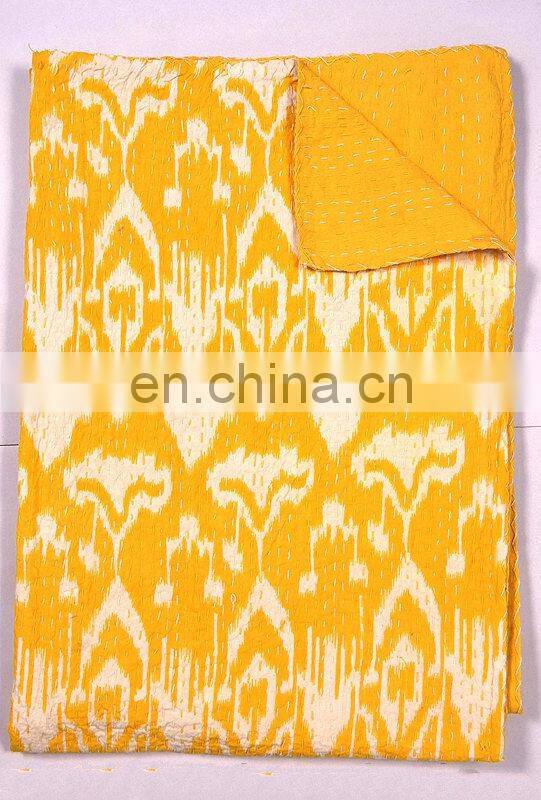 Yellow Ikat Queen kantha Quilt ikat,Indian Sari Queen bedding blanket