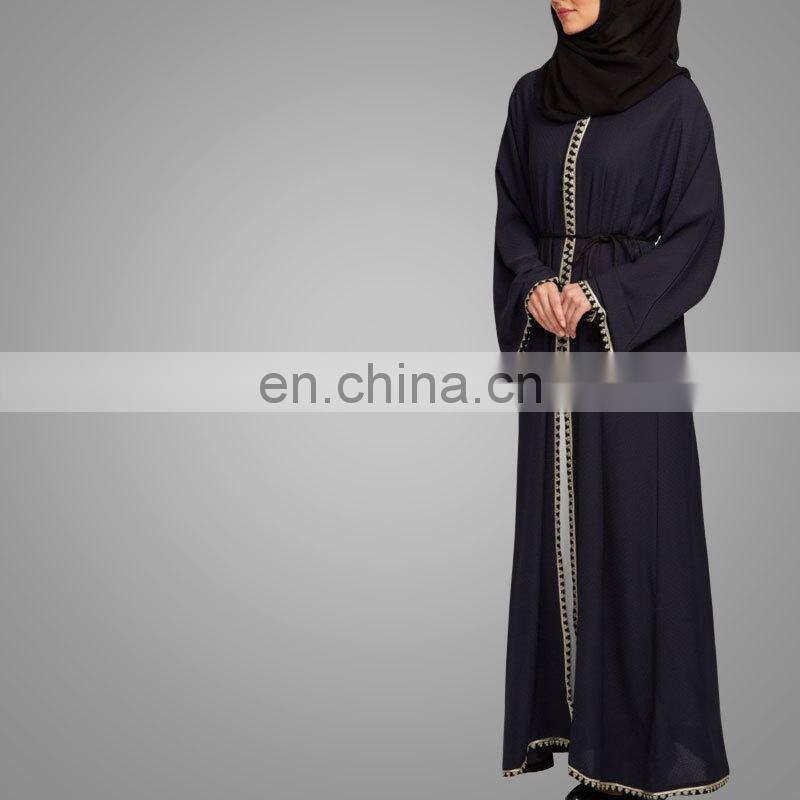 Modest Muslim Women Crepe Cardigan Navy Kimono with Lace Overcoat Open Front Islamic Abaya