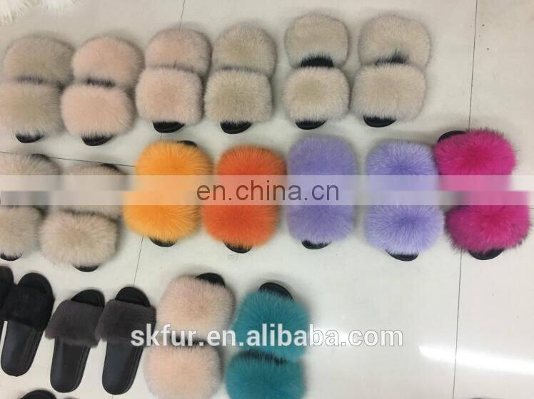 Factory supply stylish and soft real fox fur slide sandals for women