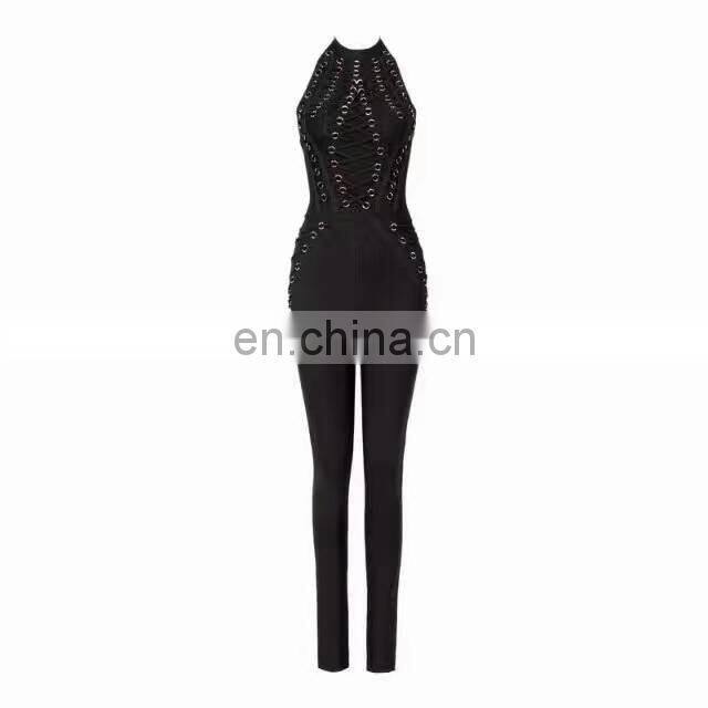 Amigo 2017 new design sexy women evening wear nude sleeveless halter beaded XXX long bodycon bandage jumpsuit for girls party