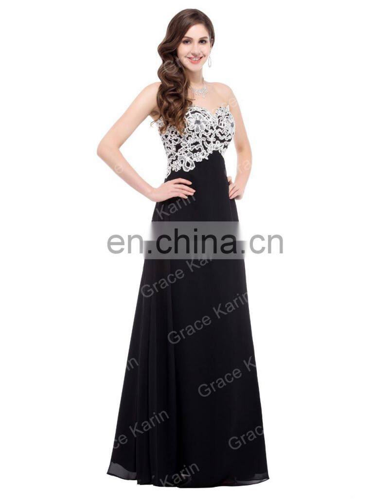 Grace Karin Strapless Sweetheart Floor Length Evening Dress Black Pink Chiffon Wholesale Evening Dresses CL6135-1#