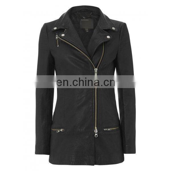 Black Long coat Womens Biker Motorcycle Genuine Leather Jacket All Sizes