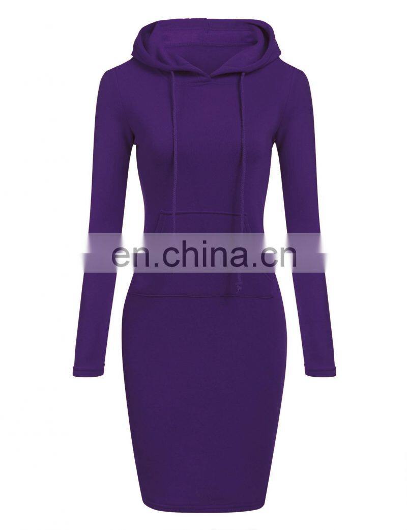 Wholesale custom fashion plain color pocket pullover casual drawstring pure color hoodie women long sleeve dress