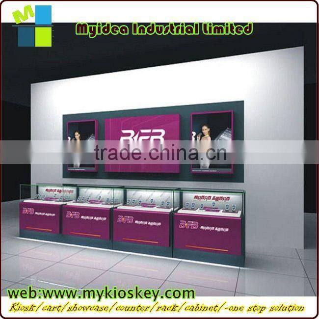 New design hot sale tempered glass wood cell phone kiosk for cell phone shop cellphone store display fixture