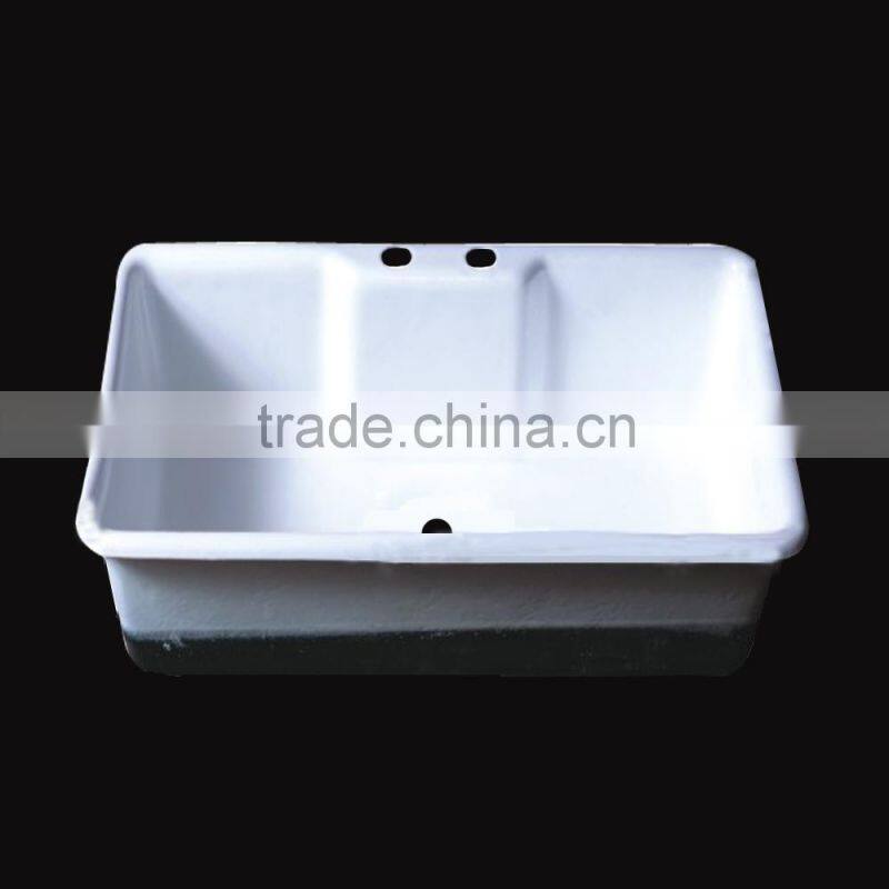 Unique enamelled cast iron kitchen sink with single bowl and two faucet holes