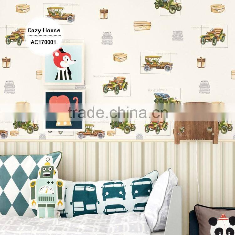 on sale printed non woven wallpaper, ivory for kids cars wallcovering for children , best quality wallcovering maker