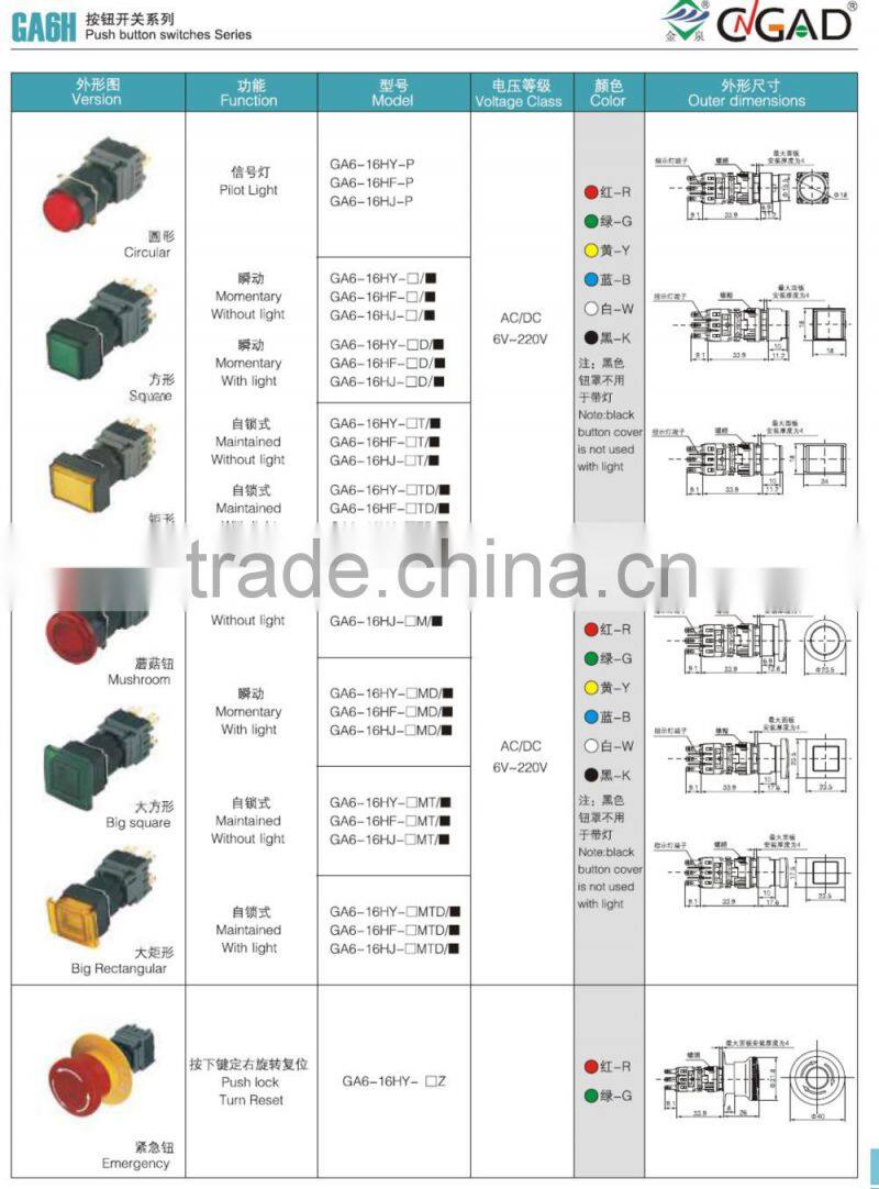 GA6-16AF-22D CNGAD 16mm rectangular maintained illuminate push button switch