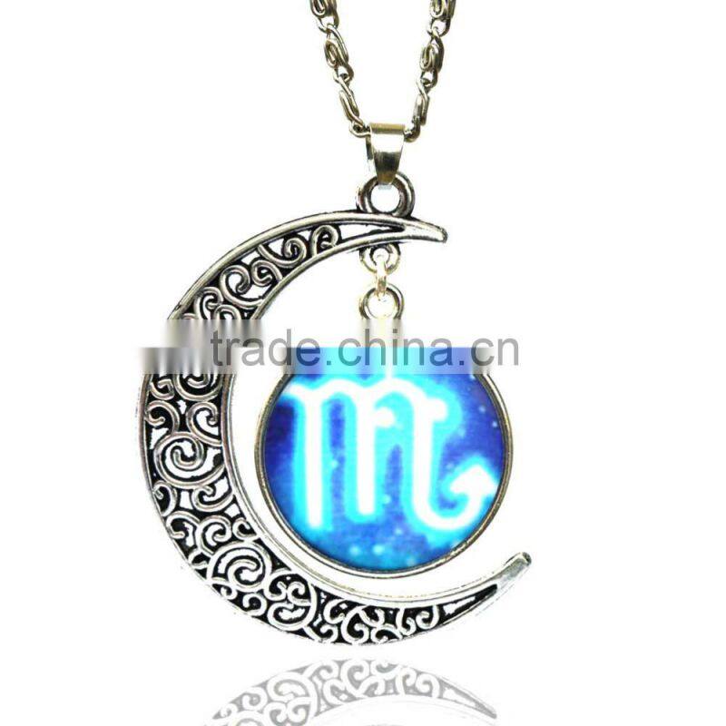 Glass Gemstone Zodiac Sign Pendant Chain Necklace Womens Jewelry
