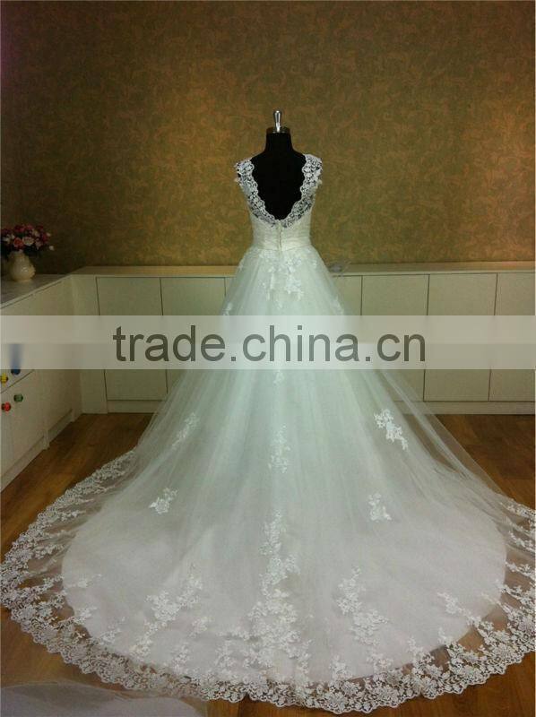 2014 Deep v back muslim bridal wedding dress lace crochet wedding dresses