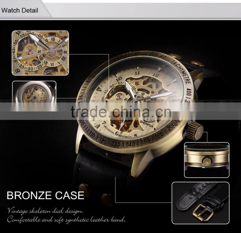 Vintage Bronze Steampunk Skeleton Automatic Mechanical Analog Men Watch