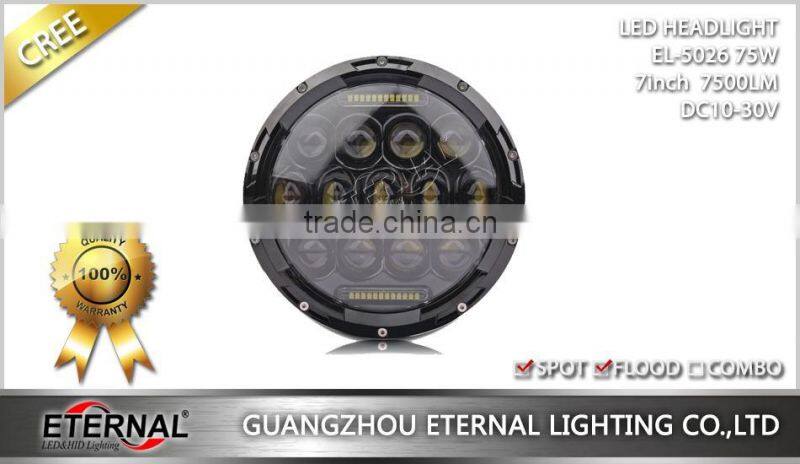 7 inch 75W led headlight for jeep wrangler rubicon off road with dual beam H4 plug halo angel eyes ring