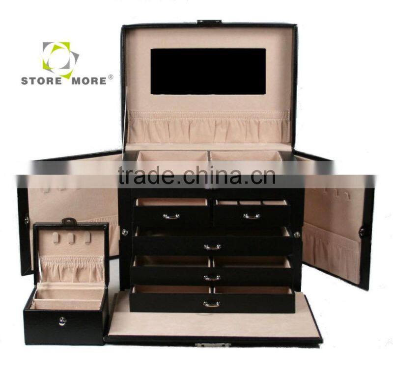 Black Leather Drawer Jewelry Box Travel Case With Lock And Handle