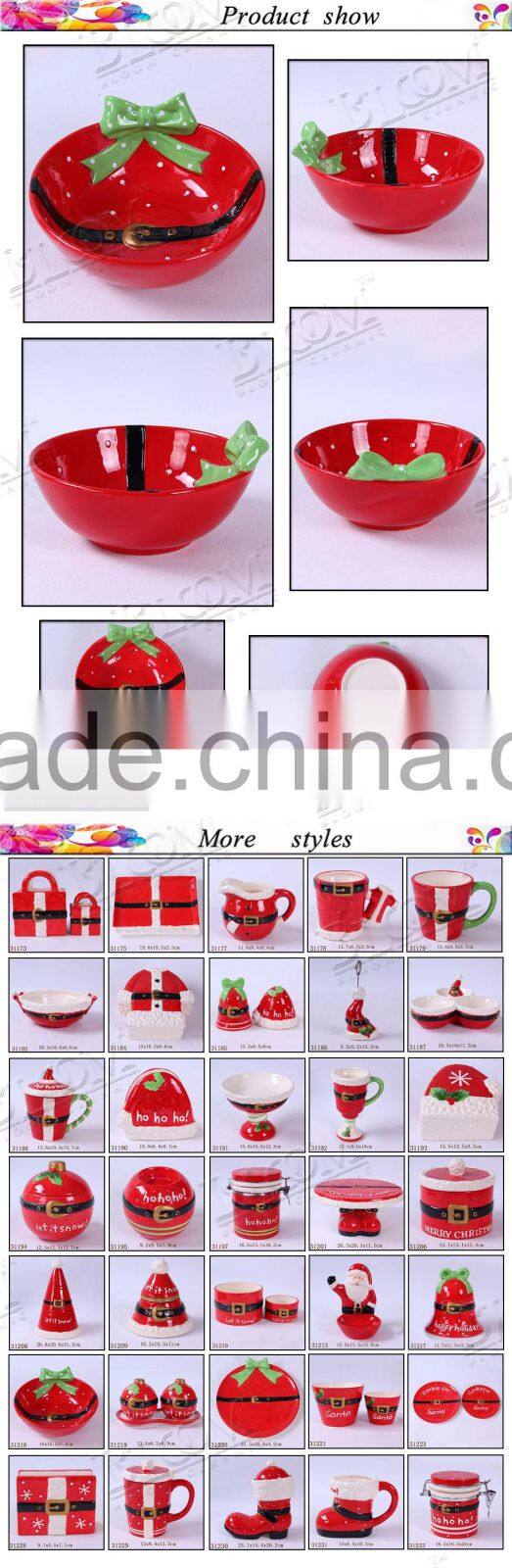 hand-painted red ceramic christmas round candy bowl