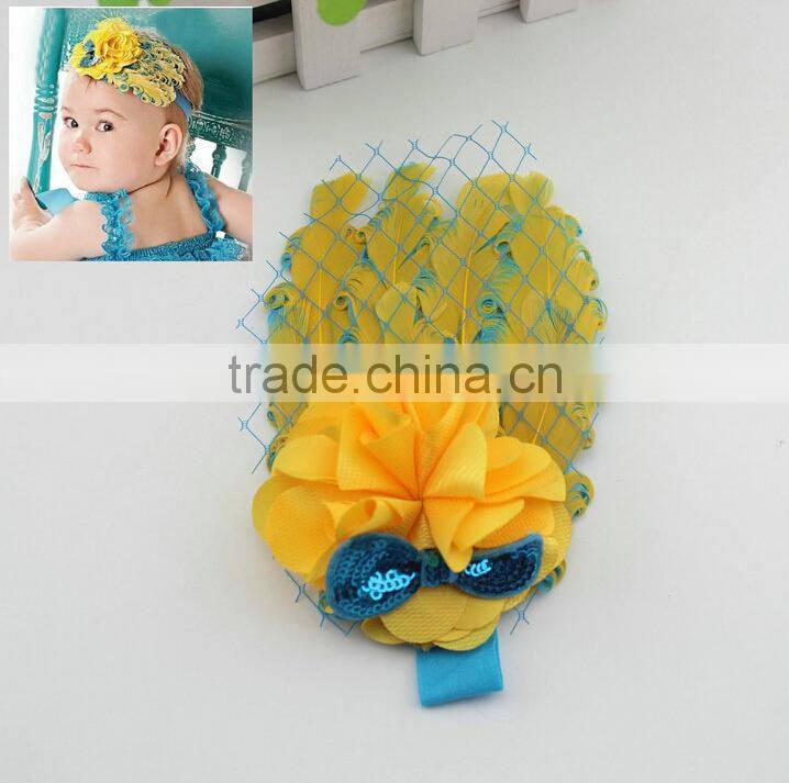 New Fashion Unique Baby Elastic Lace Headband Baby Girls Hair Turban Headband Wholesale Cute Baby Girls Feather Hairband