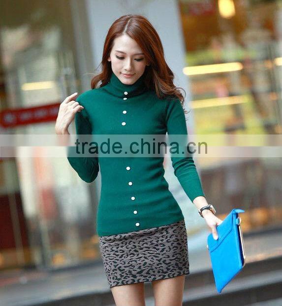Ladies fashion O-neck solid long slim knit winter button woman sweater