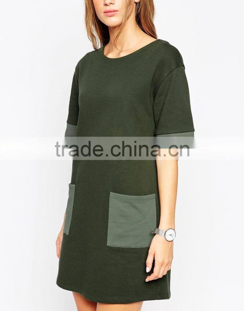 New arrival color combination design womens olive green casual knit dress skirt 2016