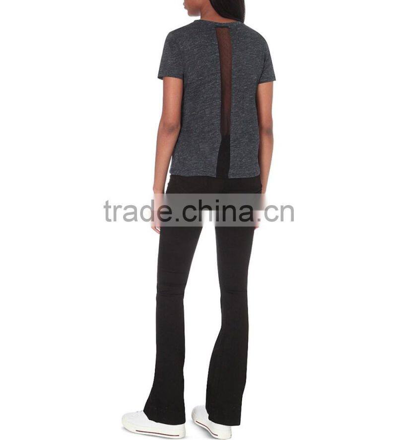 Wholesale Women Round Neck Short Sleeves Polka Dot Sheer Panel Linen T-shirt(DQE0153T)