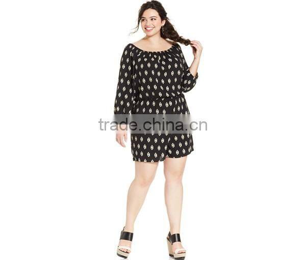 Plus Size Long-Sleeve Geo-Print Romper