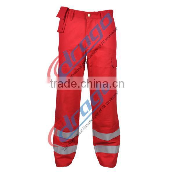 red cotton fire resistant pants with pockets in man legs