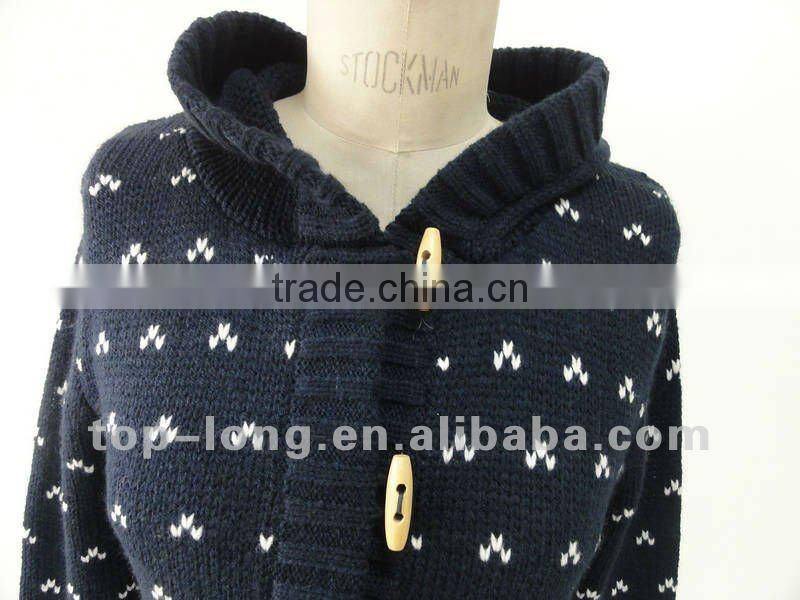 Fashion Jacquard Ladies Cardigan sweater with hooded of 100%acrylic