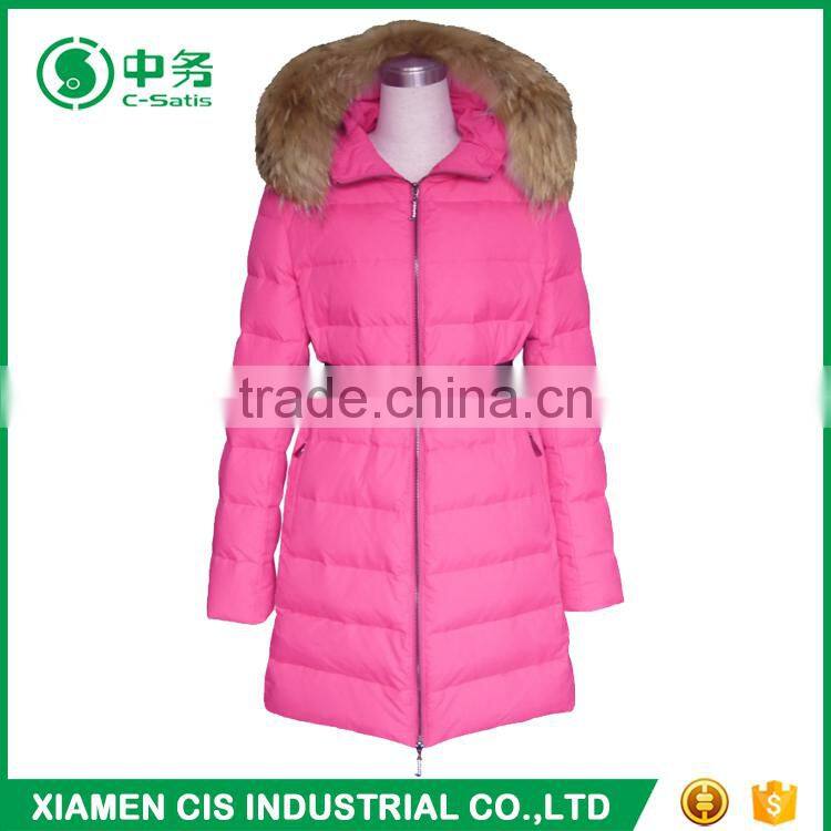 Fashion Style Winter Fur Collar Pink Long Style Duck Down Jacket for Women