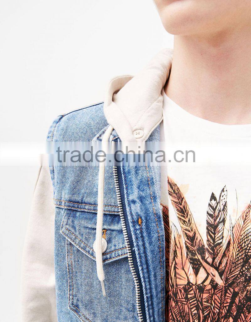 2017 wholesale plain denim jacket mens with contrast hooded sweatshirt