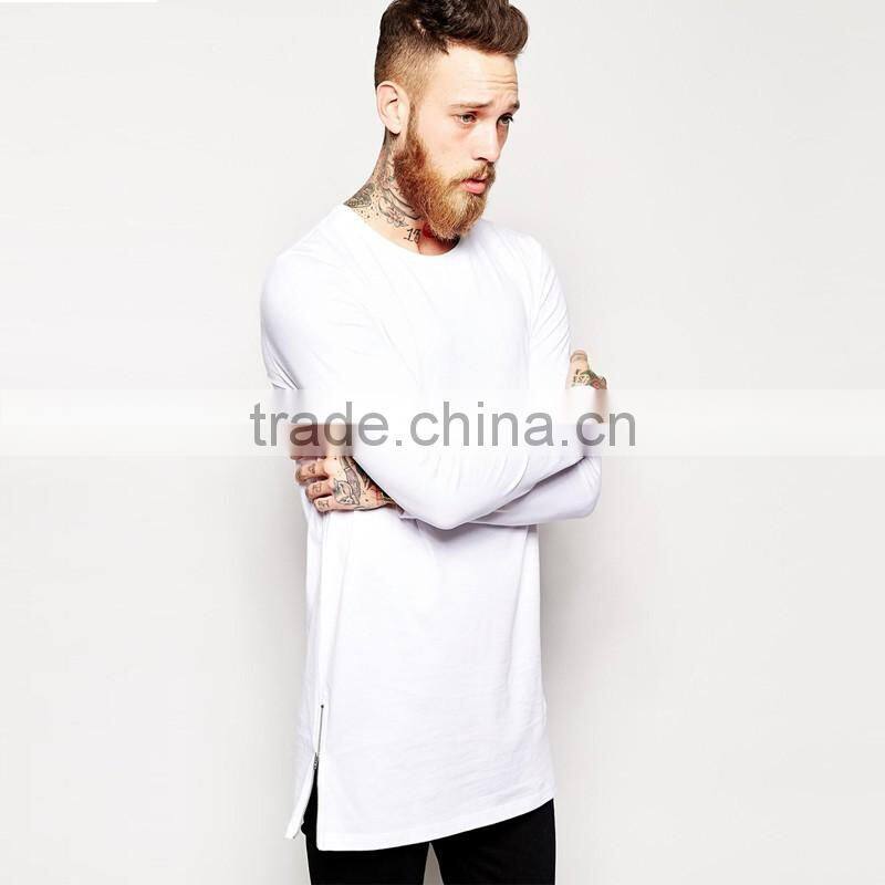 Longline Long Sleeve T Shirt Solid Color Tee With Zipper To The Hem Men's Clothing Tshirt