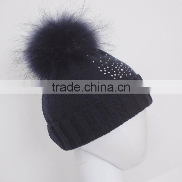 Myfur Navy Knitting Beanie Hat with Stones Real Raccoon Fur Ball Top For Teenager Boys