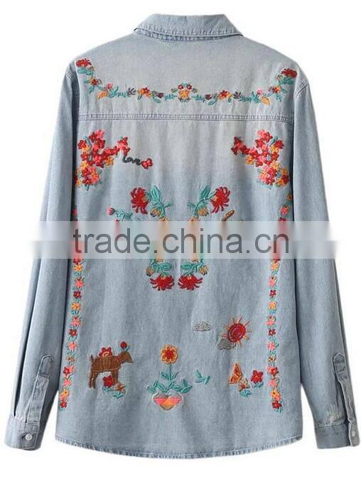 Runwaylover EY2348B New Design 2017 Ladies Fashion Embroidery Denim Blouse