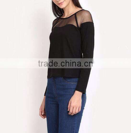 Two-color long sleeve t-shirt skin tight t shirt with net design