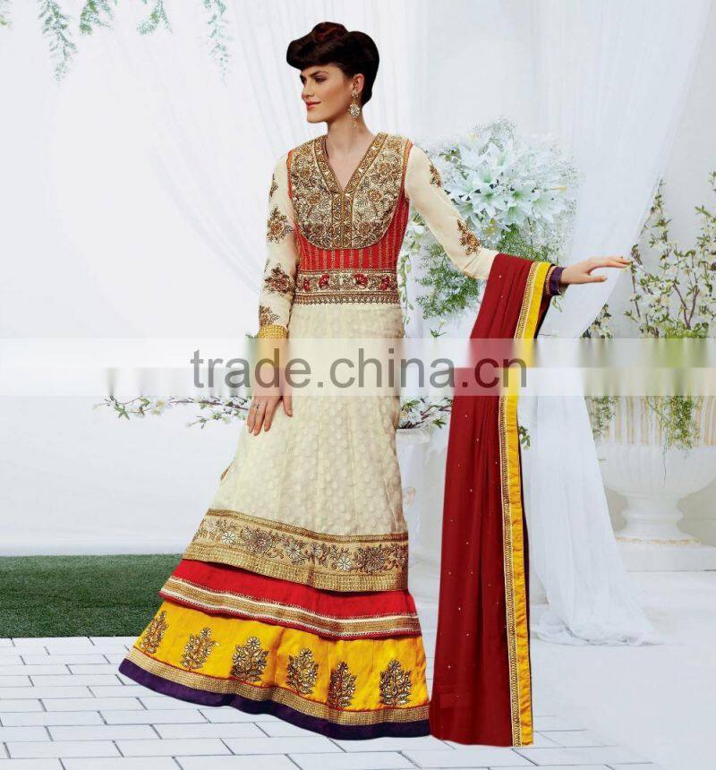 Yellow color on brown with purple color on embroidery heavy design jacket long Anarkali Designer Semi Stitch Salwar Kameez