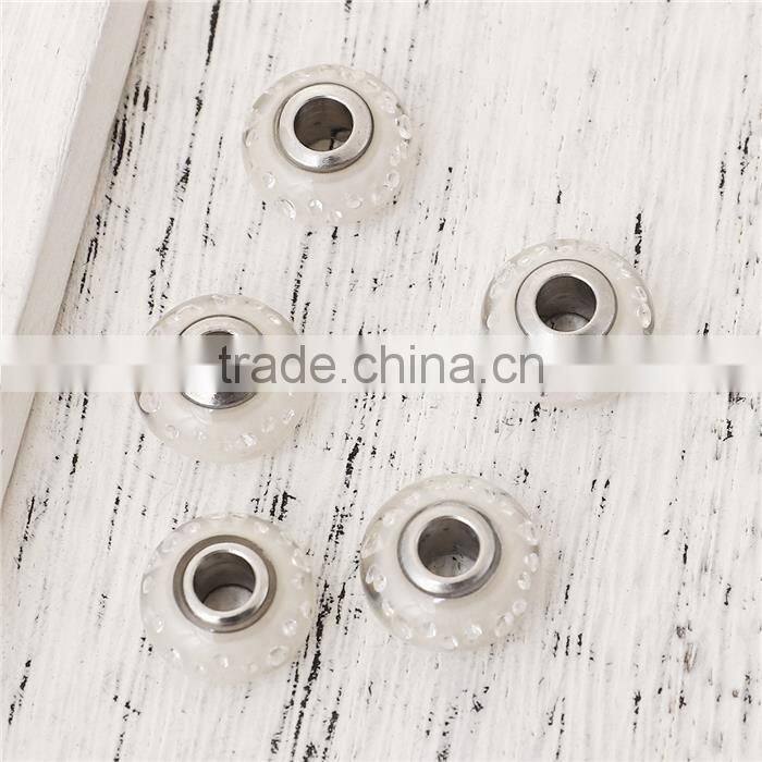 Lampwork Glass & Cubic Zirconia European Style Large Hole Charm Beads Round Clear W/ Stainless Steel Silver Tone Core