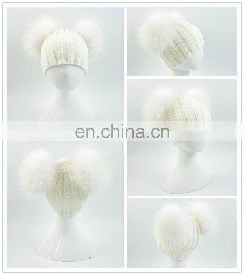 High Quality Kids Knitted Beanies Hat Double Big Raccoon Fur Pom Pom Hat Baby