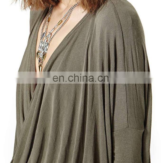 2017 OEM New Spring High Quality Fashion Cross-Folding Loose Type Deep V Shape Women tshirt