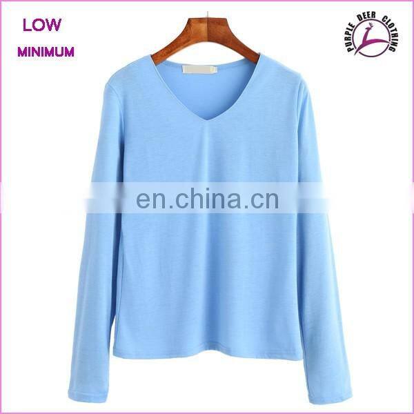 Women blank cotton v neck long sleeve t shirt wholesale tshirts